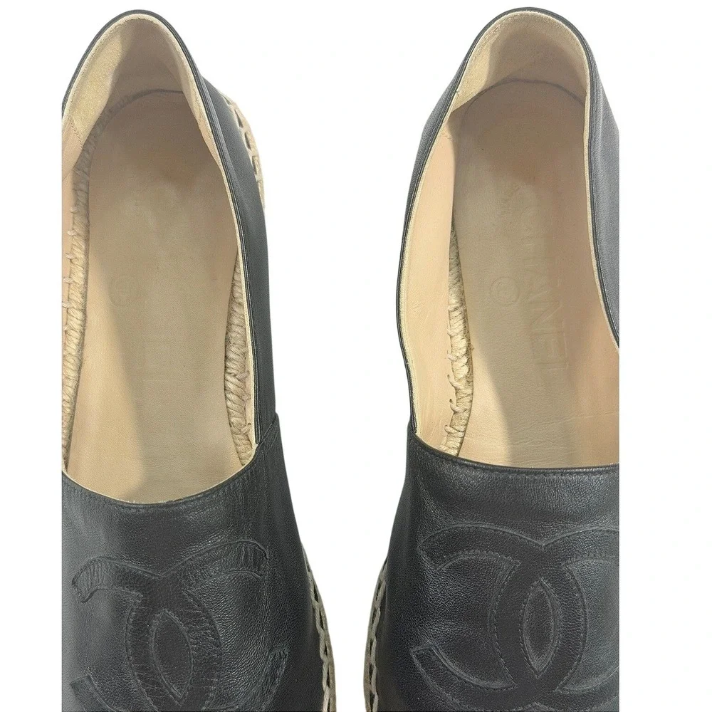 CHANEL Lambskin Espadrilles Black CC 37 Auth New w/o Box Leather Flats Slip-On